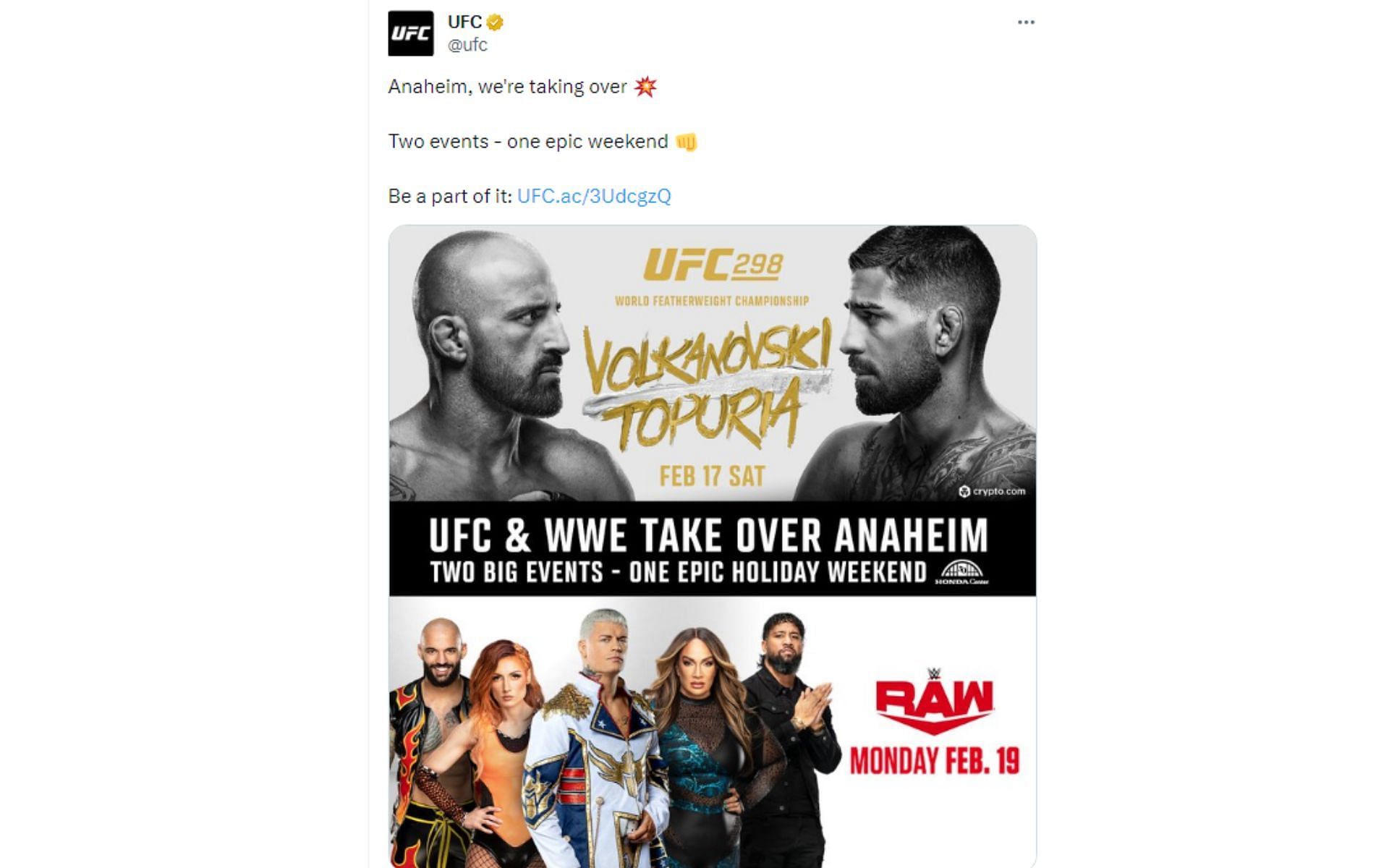 UFC&#039;s tweet regarding TKO weekend [Image courtesy: @ufc - X]