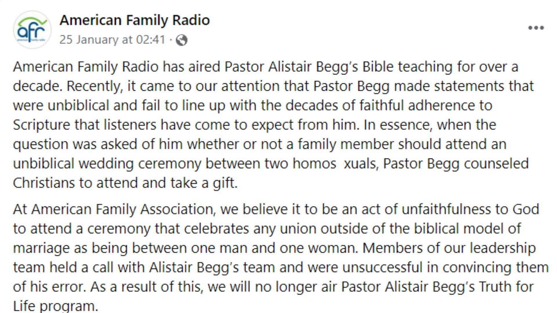 American Family Radio announcing Begg&#039;s departure from their show. (Image via Facebook/ American Family Radio)