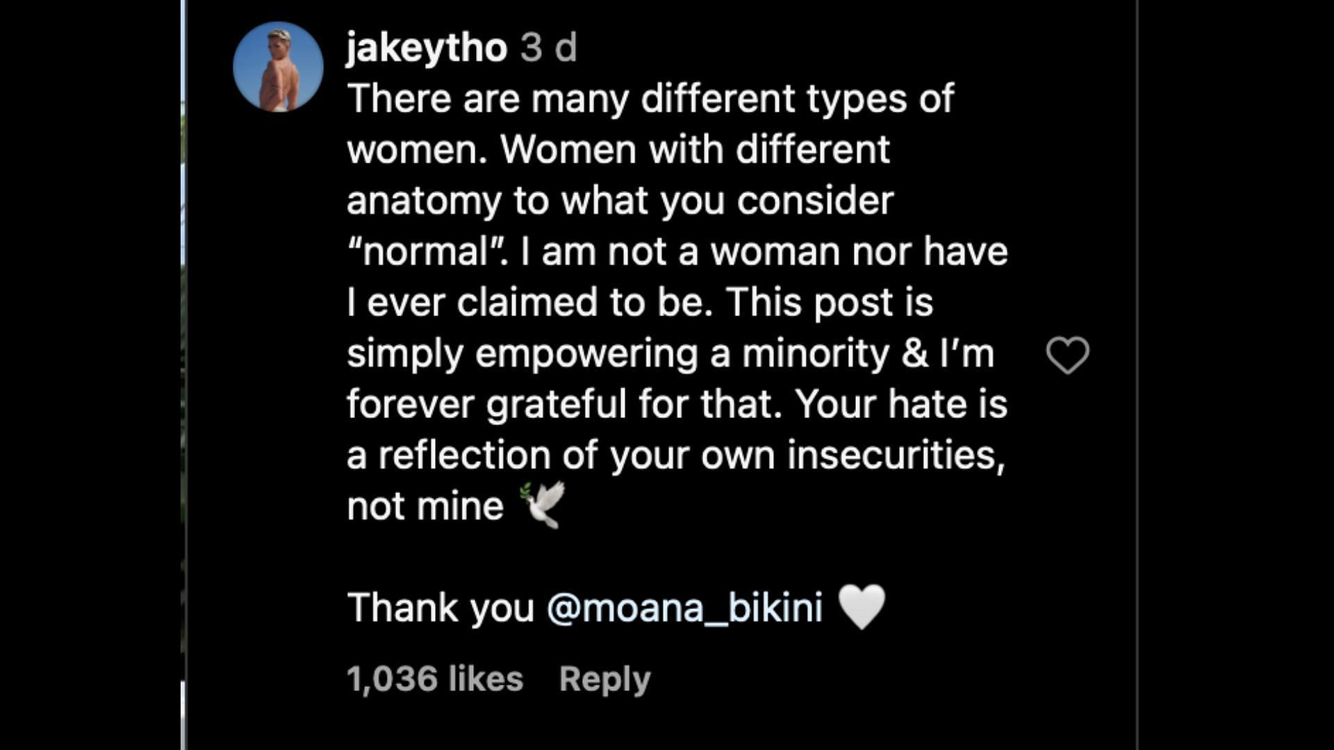 Jake Young&#039;s reaction (Image via snip from Instagram/@moana_bikini)