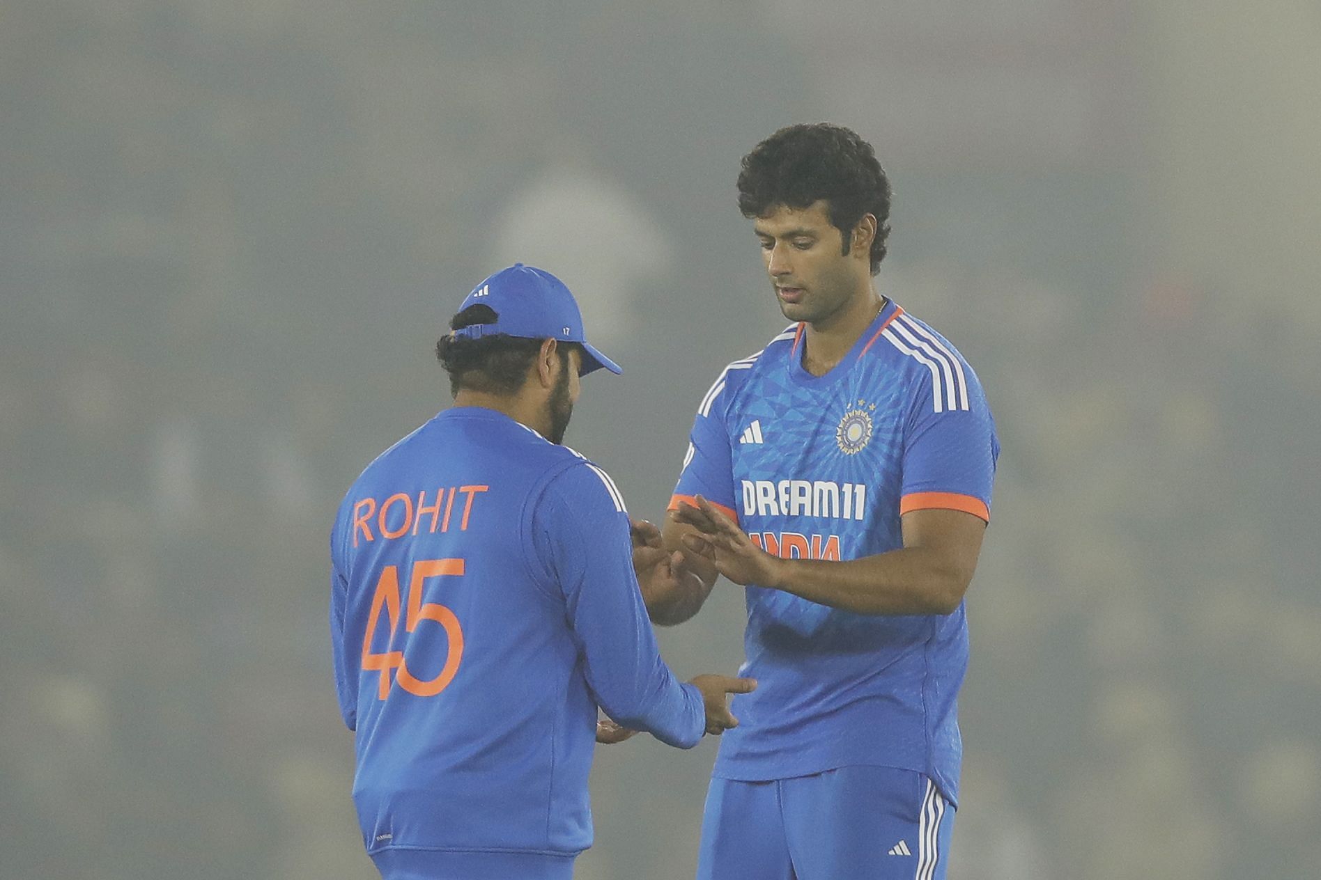 Shivam Dube (right) was asked to bowl the 19th over by Rohit Sharma.