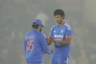 Shivam Dube (right) was asked to bowl the 19th over by Rohit Sharma.