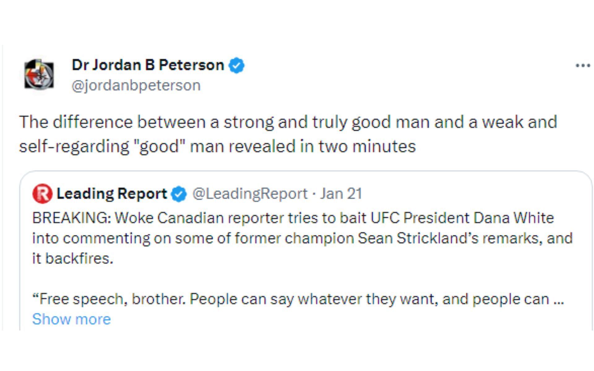 Jordan Peterson&#039;s X post regarding White&#039;s comments about free speech [Image courtesy: @jordanbpeterson on X]