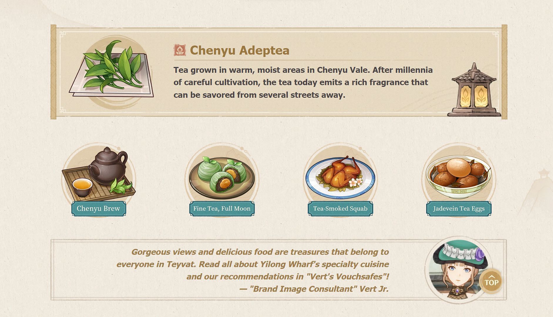 Chenyu Vale&#039;s tea leaves and local recipes (Image via HoYoverse)