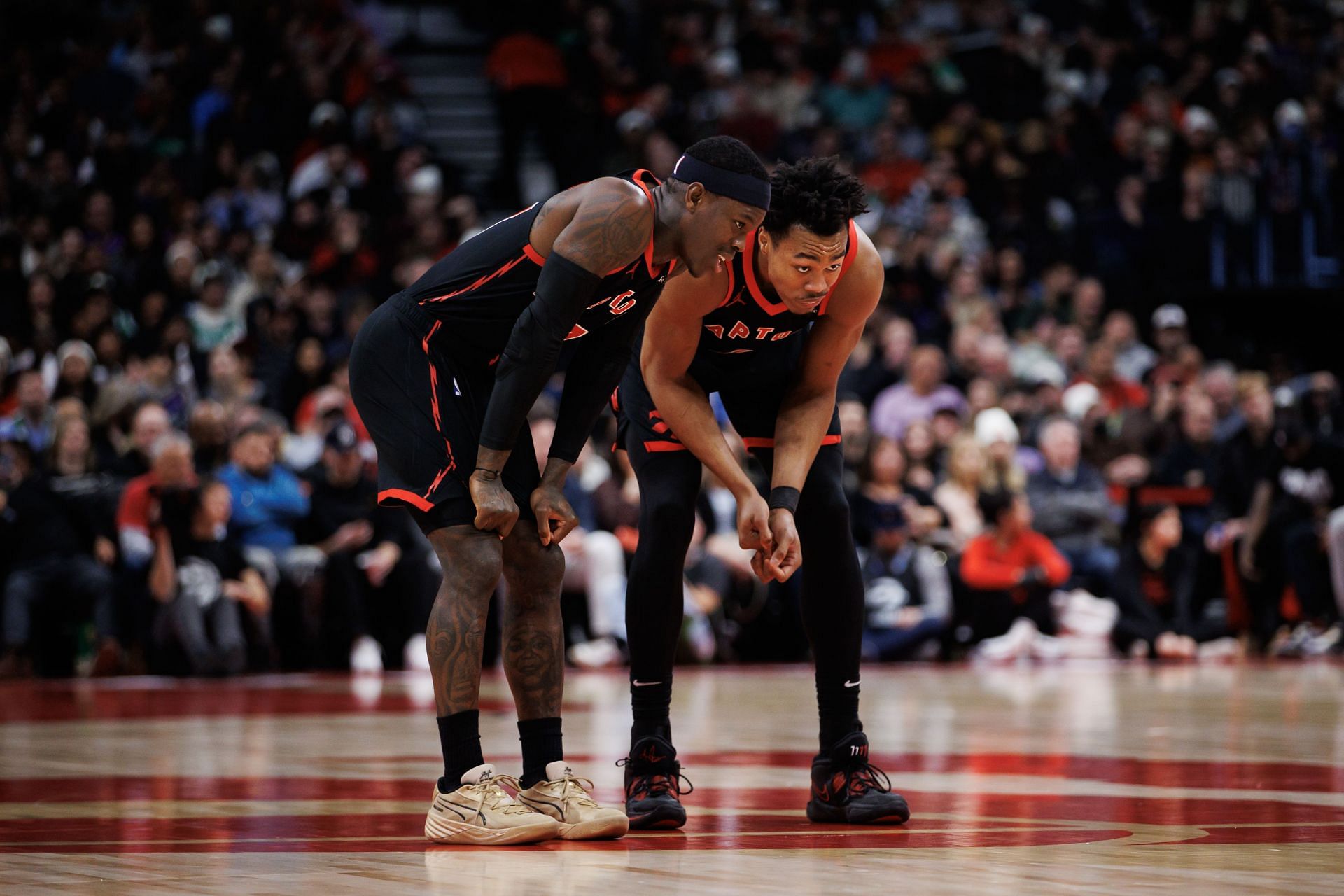 Dennis Schroder and Scottie Barnes of the Toronto Raptors