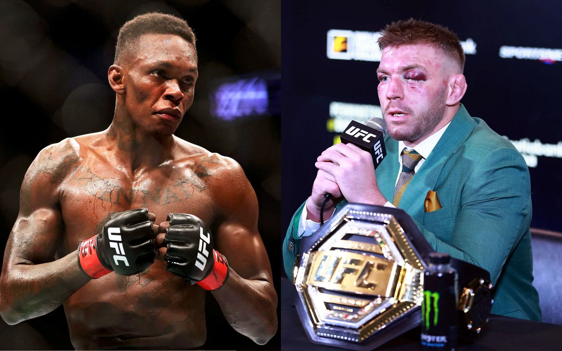 Dricus du Plessis (right) eyeing a bout with Israel Adesanya (left) next [Images Courtesy: @GettyImages]