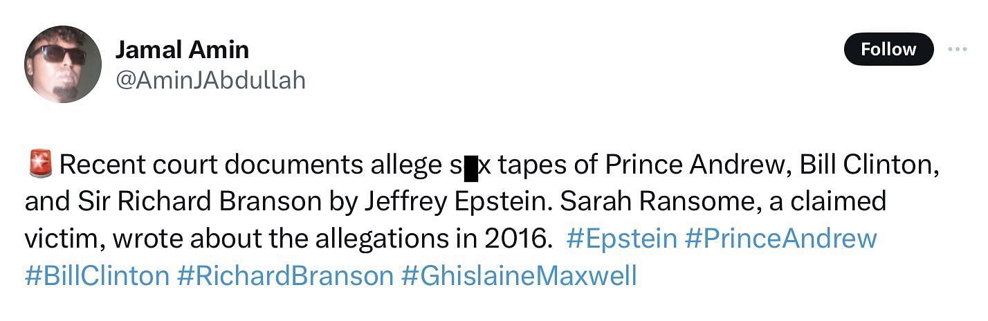 A tweet about the alleged sex tapes (Image via @AminJAbdallah/X)