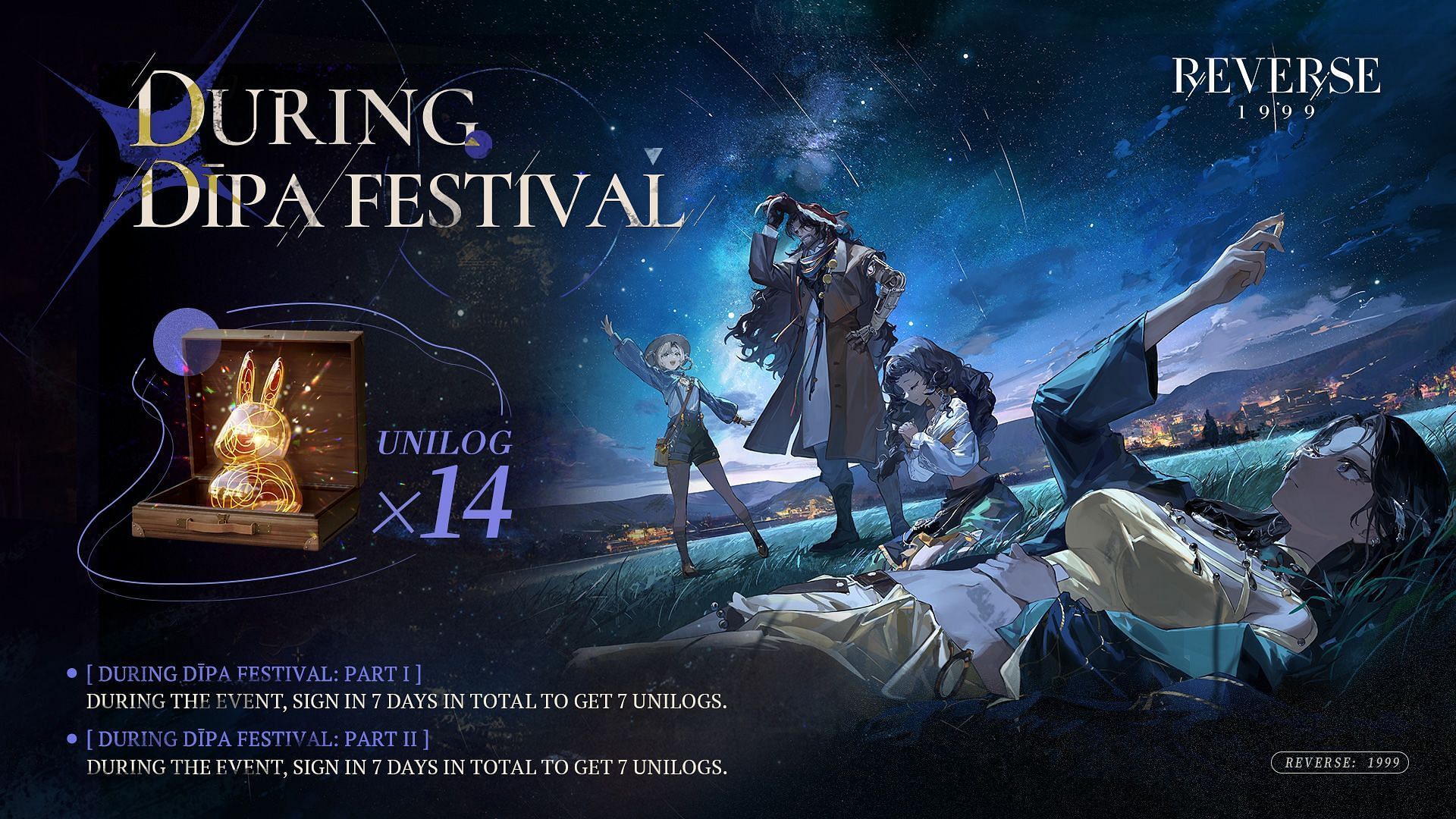 Reverse 1999 version 1.3 update brings During Dipa Festival event, which grants 14 free Unilogs. (Image via Bluepoch)