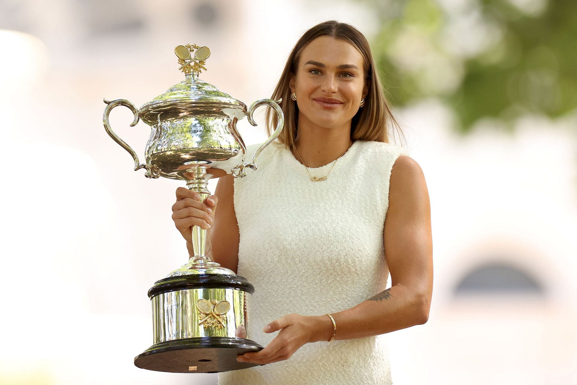 Aryna Sabalenka pictured at the 2024 Australian Open Womens Champion Media Opportunity