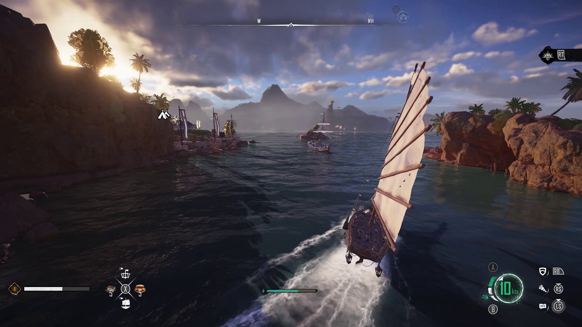 Sailing a small ship through the waters of Skull and Bones (Image via Youtube MasterAssassin/Ubisoft)