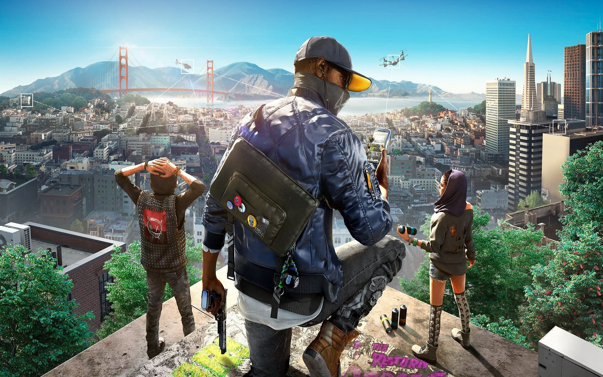 The different characters of Watch Dogs 2 overlooking the city of San Francisco.