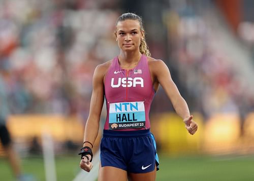 Anna Hall of Team United States reacts during the Shot Put leg of the Heptathlon during the World Athletics Championships 2023 in Budapest, Hungary.