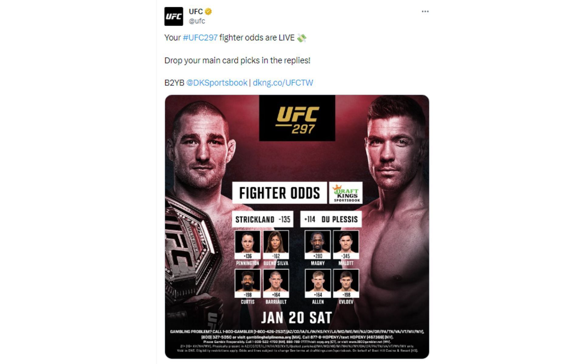 UFC&#039;s tweet regarding betting odds [Image courtesy: @ufc - X]