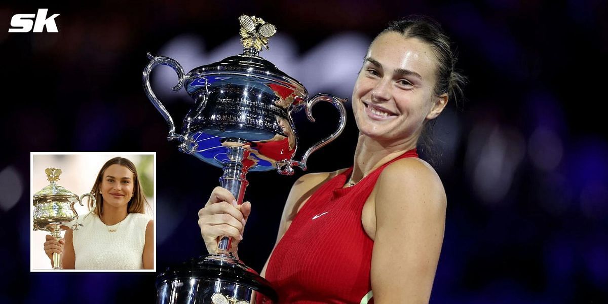 Aryna Sabalenka poses with the Australian Open trophy