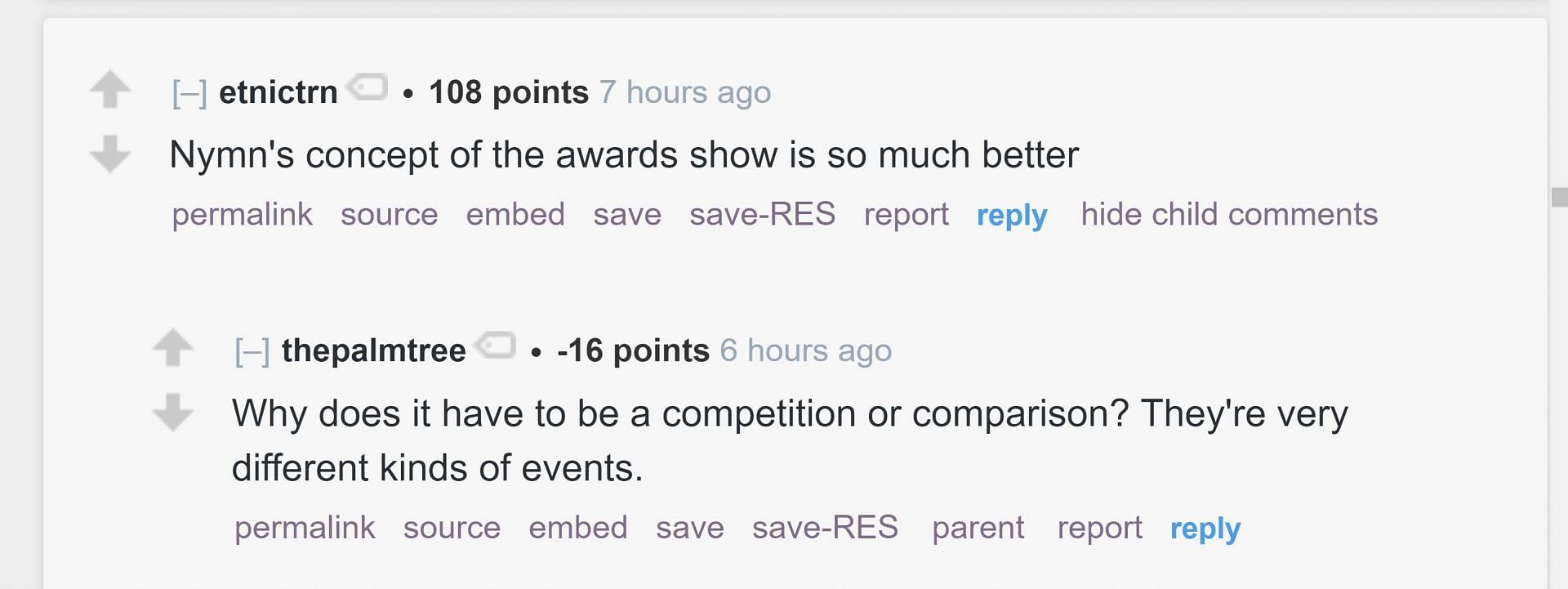 Redditor u/etnictrn compared NymN&#039;s awards to The Streamer Awards (Image via r/LivestreamFail)