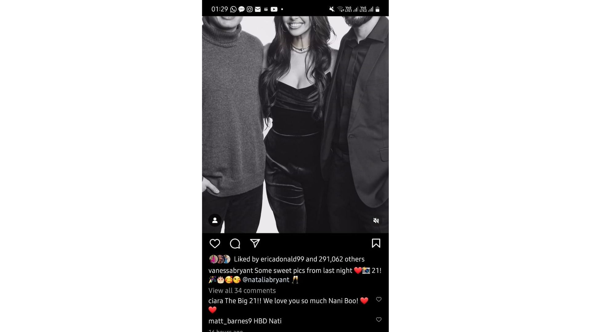 Russell Wilson's wife Ciara wished Natalia Bryant a happy birthday on mother Vanessa's IG post