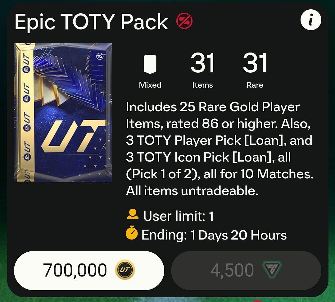 The Epic TOTY Pack is currently available in the shop (Image via EA Sports)