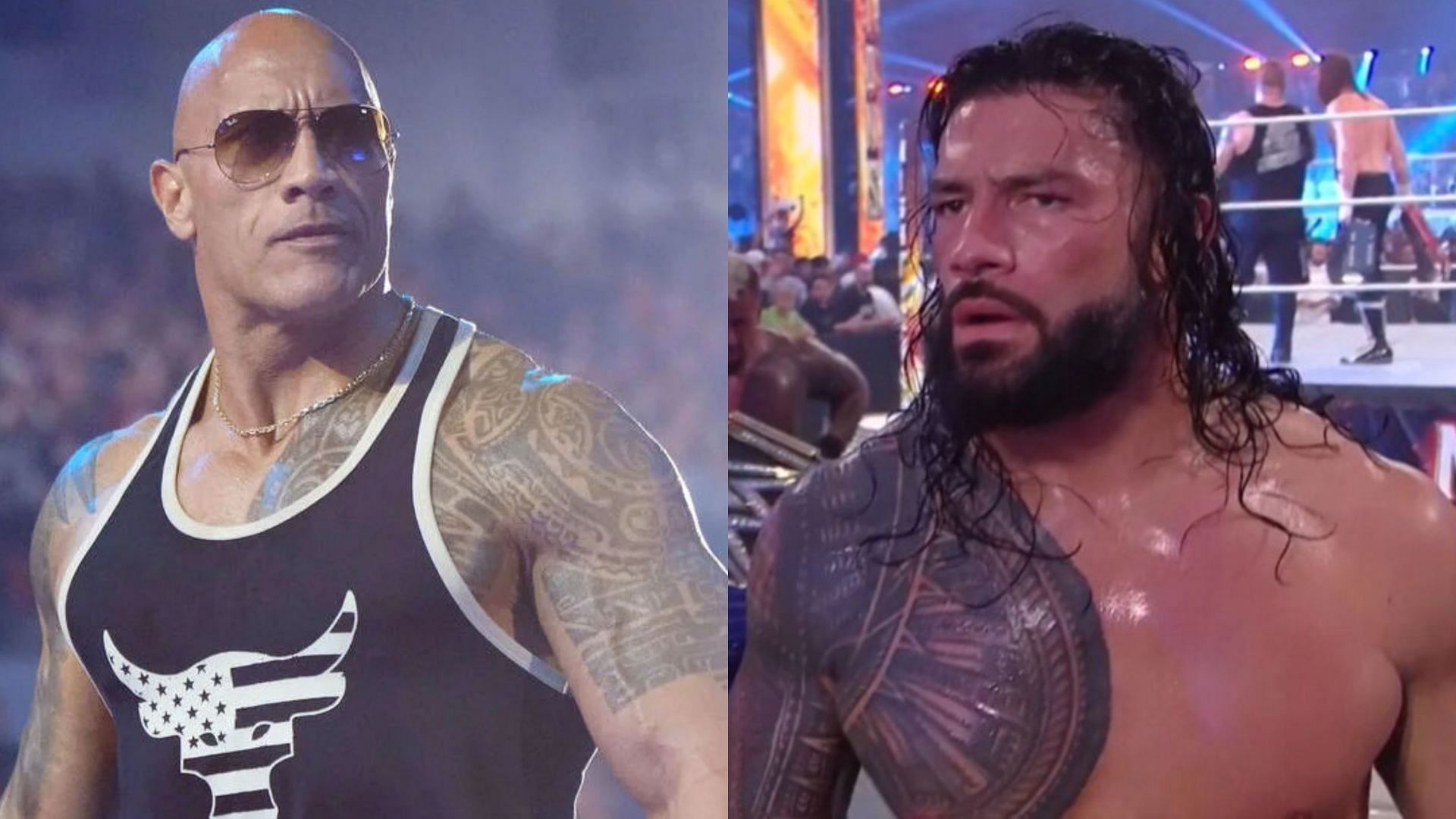 The Rock (left) and Undisputed WWE Universal Champion Roman Reigns (right)