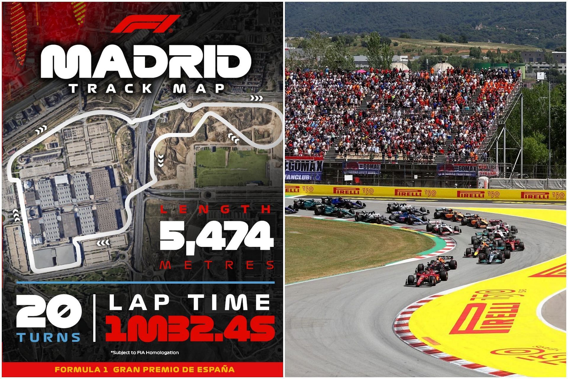 Upcoming Madrid track information (L) and start of the 2023 F1 Spanish GP in Barcelona (Collage via Sportskeeda)