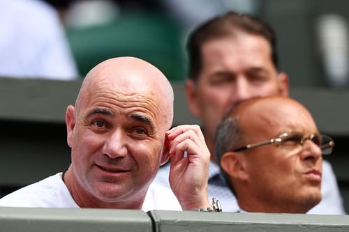 Andre Agassi at one of Novak Djokovic's matches in Wimbledon 2017