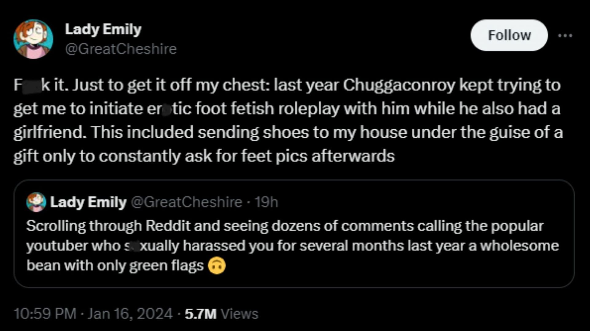 Lady Emily exposes Chugga for asking her for &ldquo;feet pics&rdquo; (Image via X)