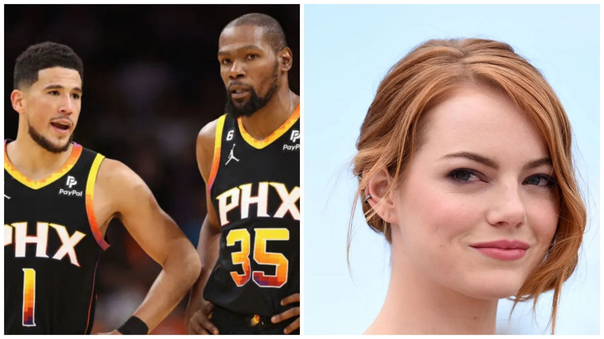 Kevin Durant and Devin Booker (left) reacted to famous actress Emma Stone (right) attending the Phoenix Suns - LA Lakers game at Crypto.com Arena