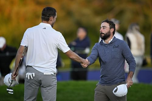 Nicolai Hojgaard shakes hands with Stephan Jaeger during the Farmers Insurance Open, Round 3.