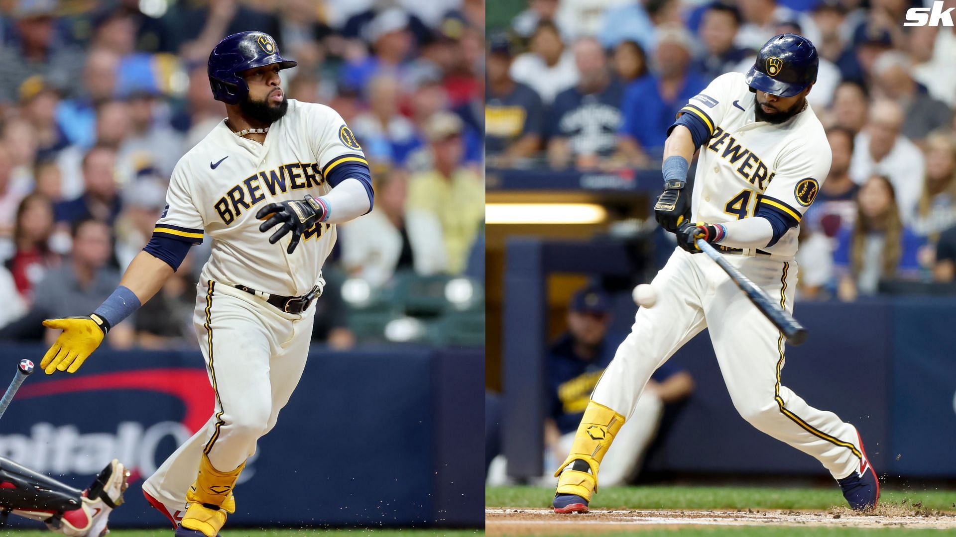 Carlos Santana of the Milwaukee Brewers hits a single against the Arizona Diamondbacks during Game One of the Wild Card Series at American Family Field