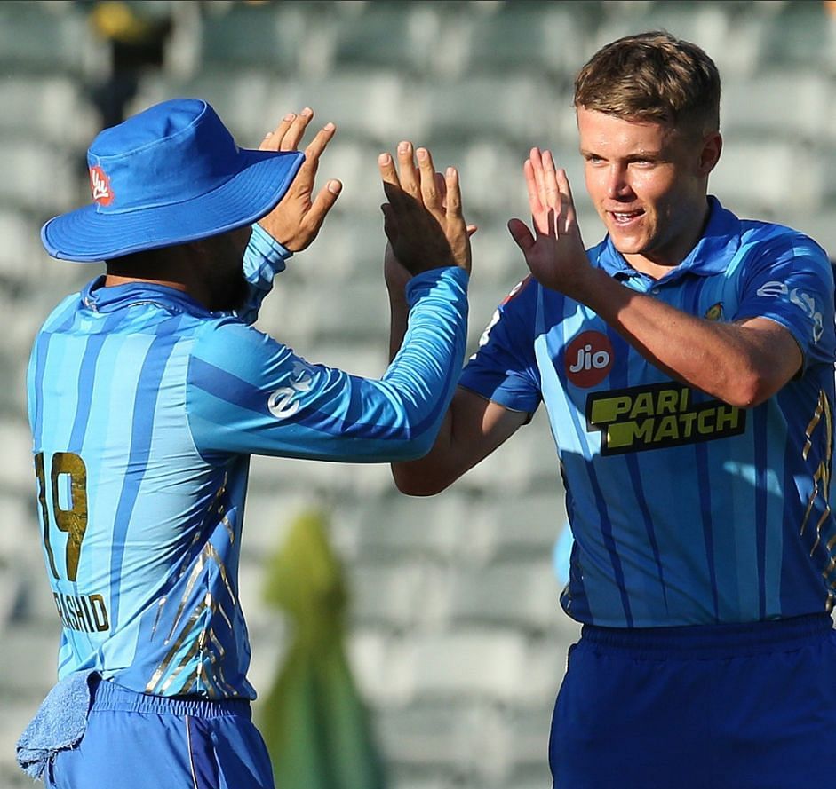 Sam Curran celebrates a wicket with Rashid Khan (credit: X/MICapeTown)