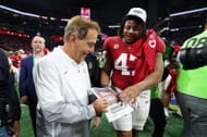 Head coach Nick Saban and James Smith, #47 of the Alabama Crimson Tide, celebrate after defeating the Georgia Bulldogs 27-24 in the SEC Championship at Mercedes-Benz Stadium on December 02, 2023, in Atlanta, Georgia. (Photo by Kevin C. Cox/Getty Images)