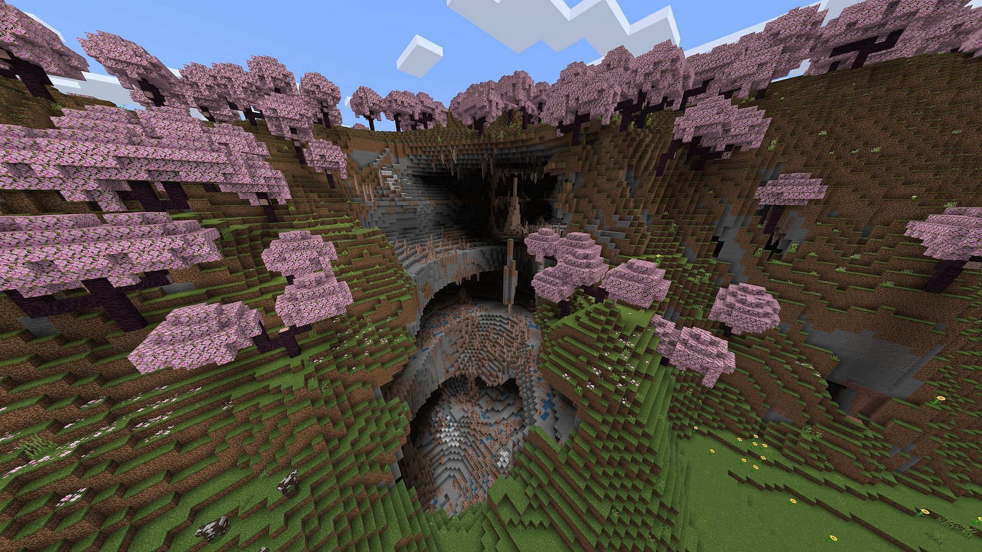 A combined cherry grove and dripstone cave should be quite intriguing for some Minecraft players (Image via Mojang)