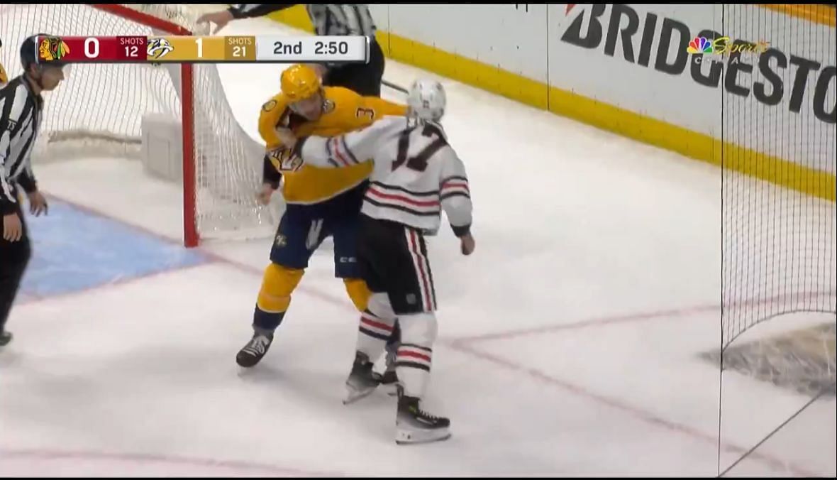 Nick Foligno and Jeremy Lauzon exchange frenzy of punches