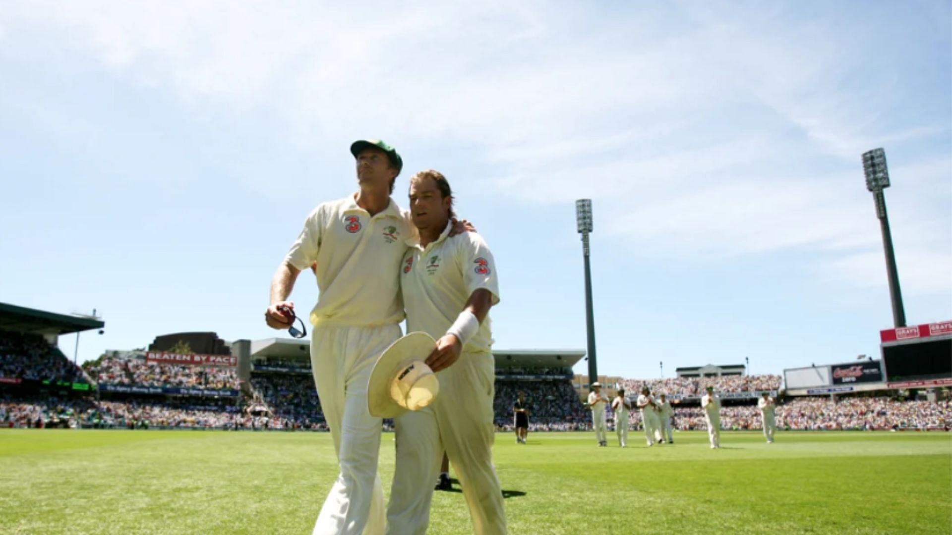 Shane Warne and Glenn McGrath walks off the field for the one last time in their Test careers. (Pic: Getty) 