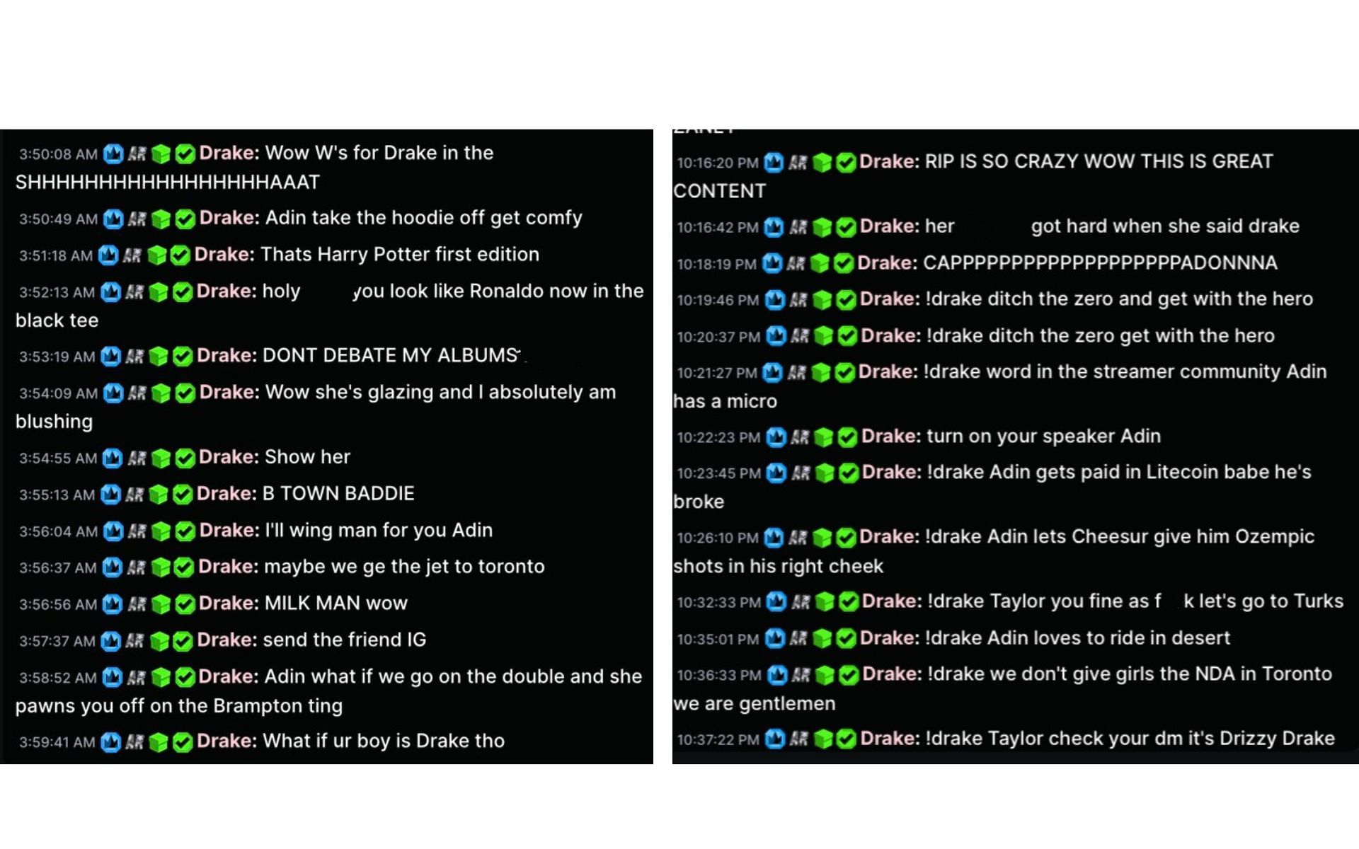 Drake roasts Adin in his stream chat (Image via X/@AdinUpdate)