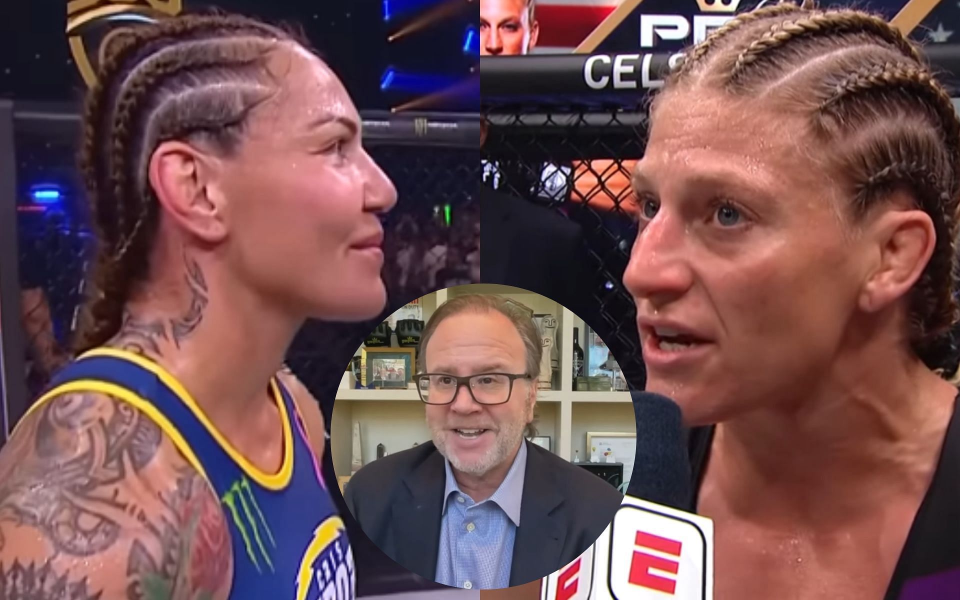 Donn Davis [Middle] confirms Cris Cyborg [Left] vs. Kayla Harrison [Right] in the works [Image courtesy: BellatorMMA, MMAFightingonSBN, and PFL MMA - YouTube]