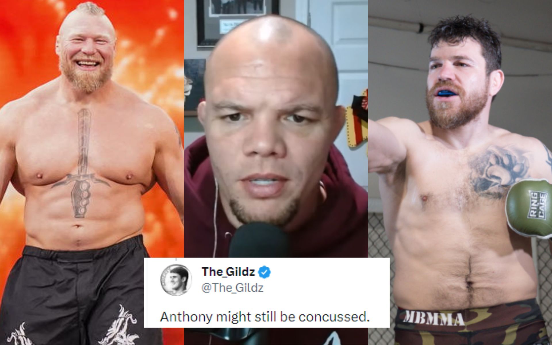 Anthony Smith [Middle] says Jim Miller [Right] would have a chance against Brock Lesnar [Left] [Image courtesy: Michael Bisping Podcast - YouTube, wwe.com, and @JimMiller_155 - X]