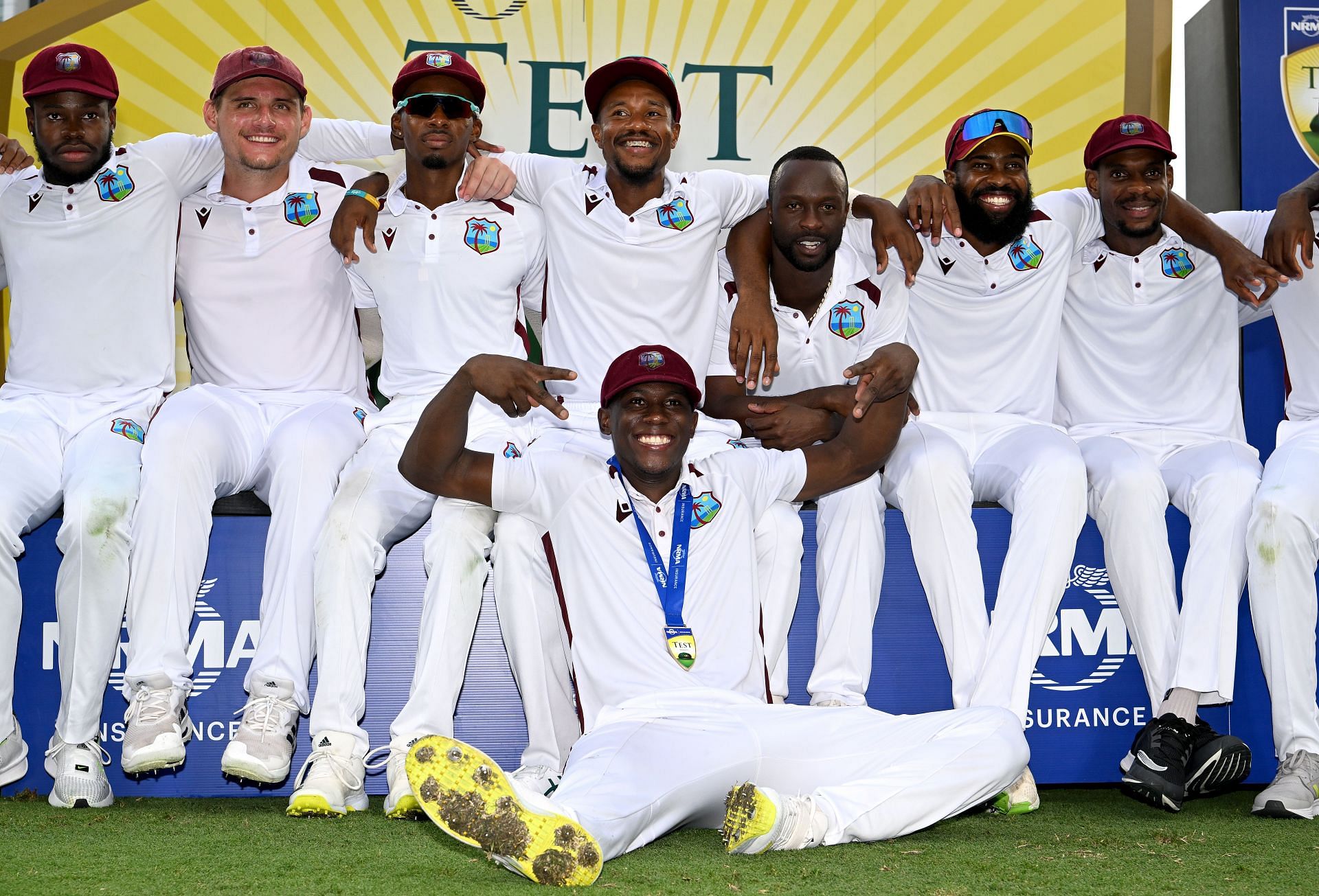 The Men in Maroon celebrate after winning: Australia v West Indies - Men&#039;s 2nd Test: Day 4