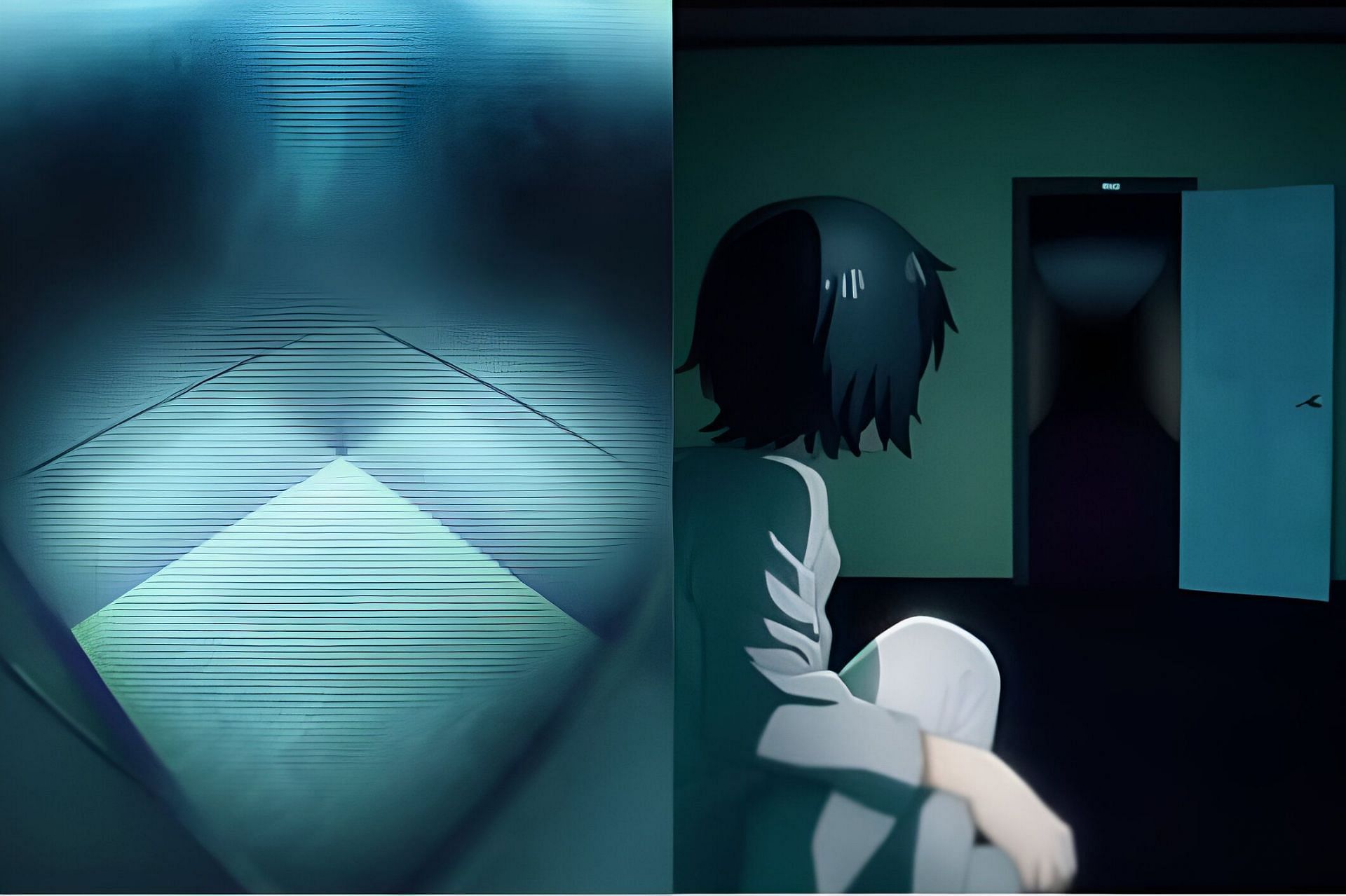 The inside view of the elevator (left). The door opens as the song ends (right) (Image via A-1 Pictures)