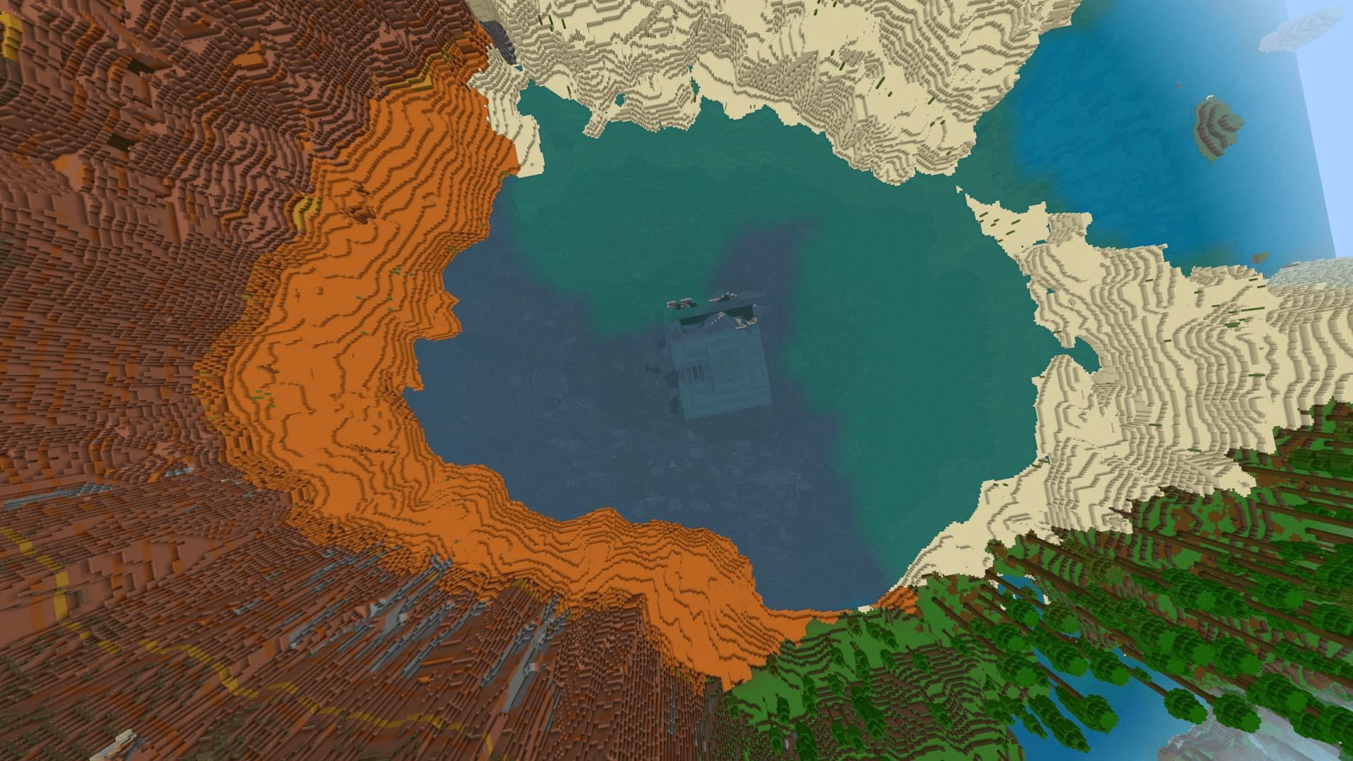 This seed features an ocean monument split by its surrounding biomes (Image via MZEEN1367/Reddit)