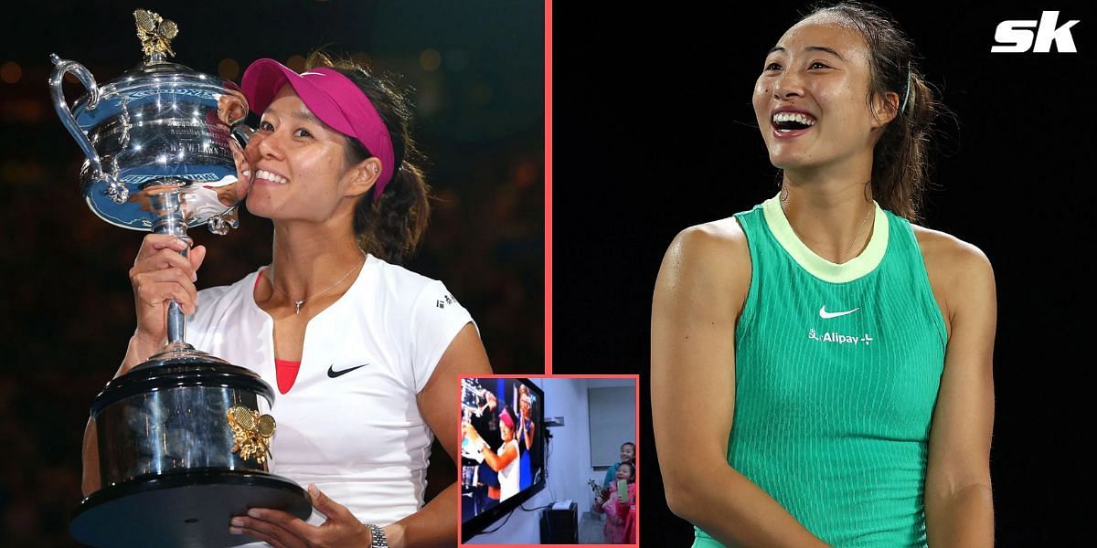 Li Na pictured with her Australian Open 2014 trophy (L), Zheng Qinwen at the 2024 tournament (R)