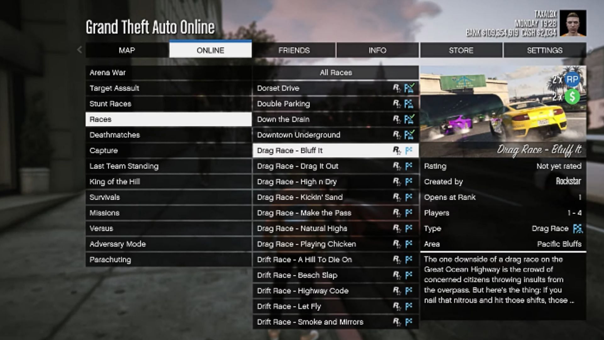 Drag Races can be started from the Pause Menu (Image via YouTube/GTA Series Videos)