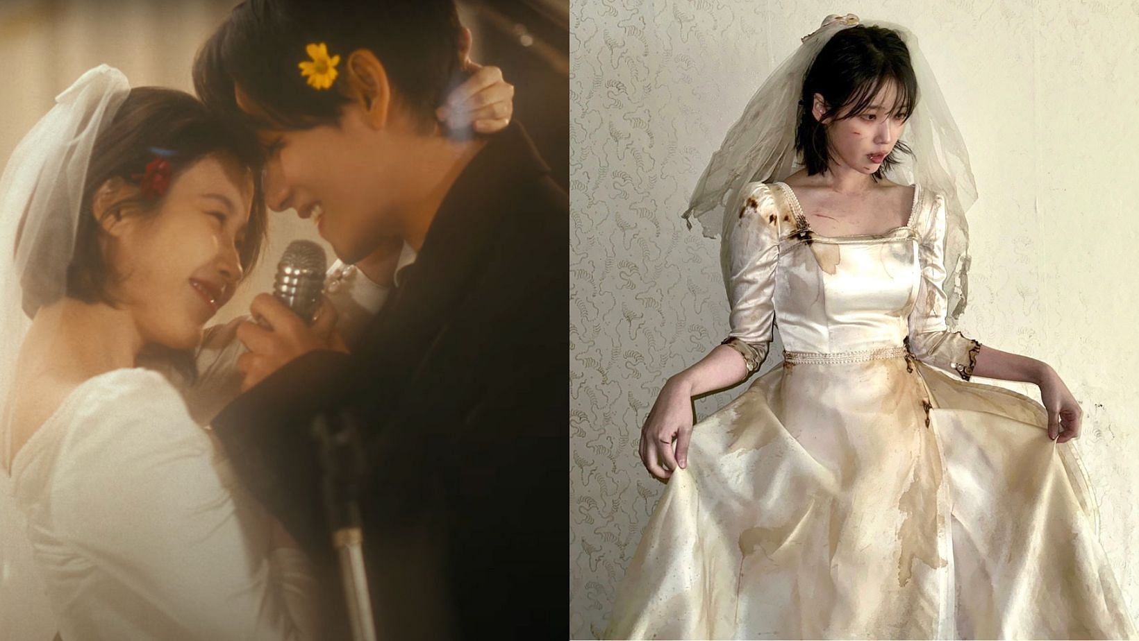 IU wears a custom wedding dress from Korean haute couture house D&eacute;nicheur for the MV of &quot;Love Wins All&quot;. (Image via YouTube/이지금 [IU Official] and X/@IUofficial)