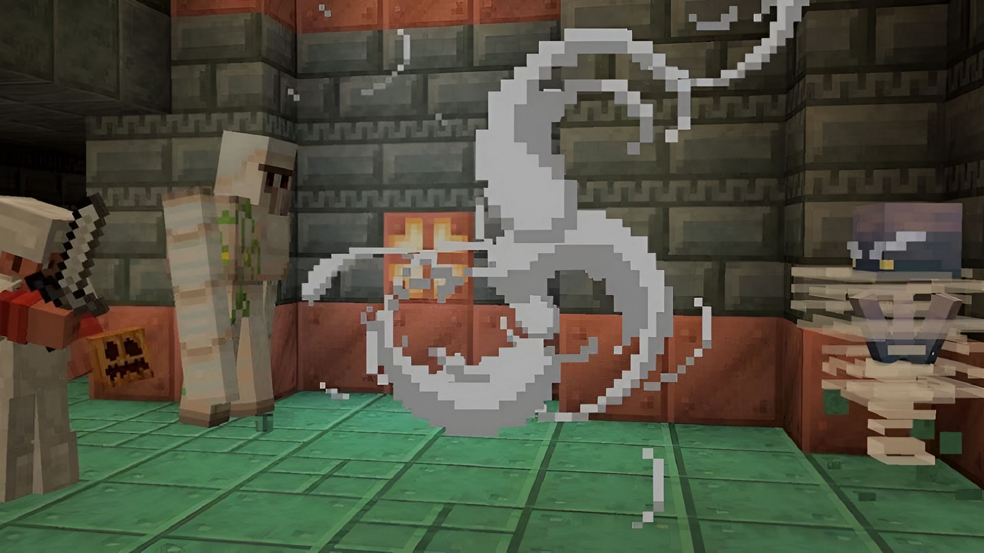 A player and an iron golem face a breeze in Minecraft Snapshot 24w04a.