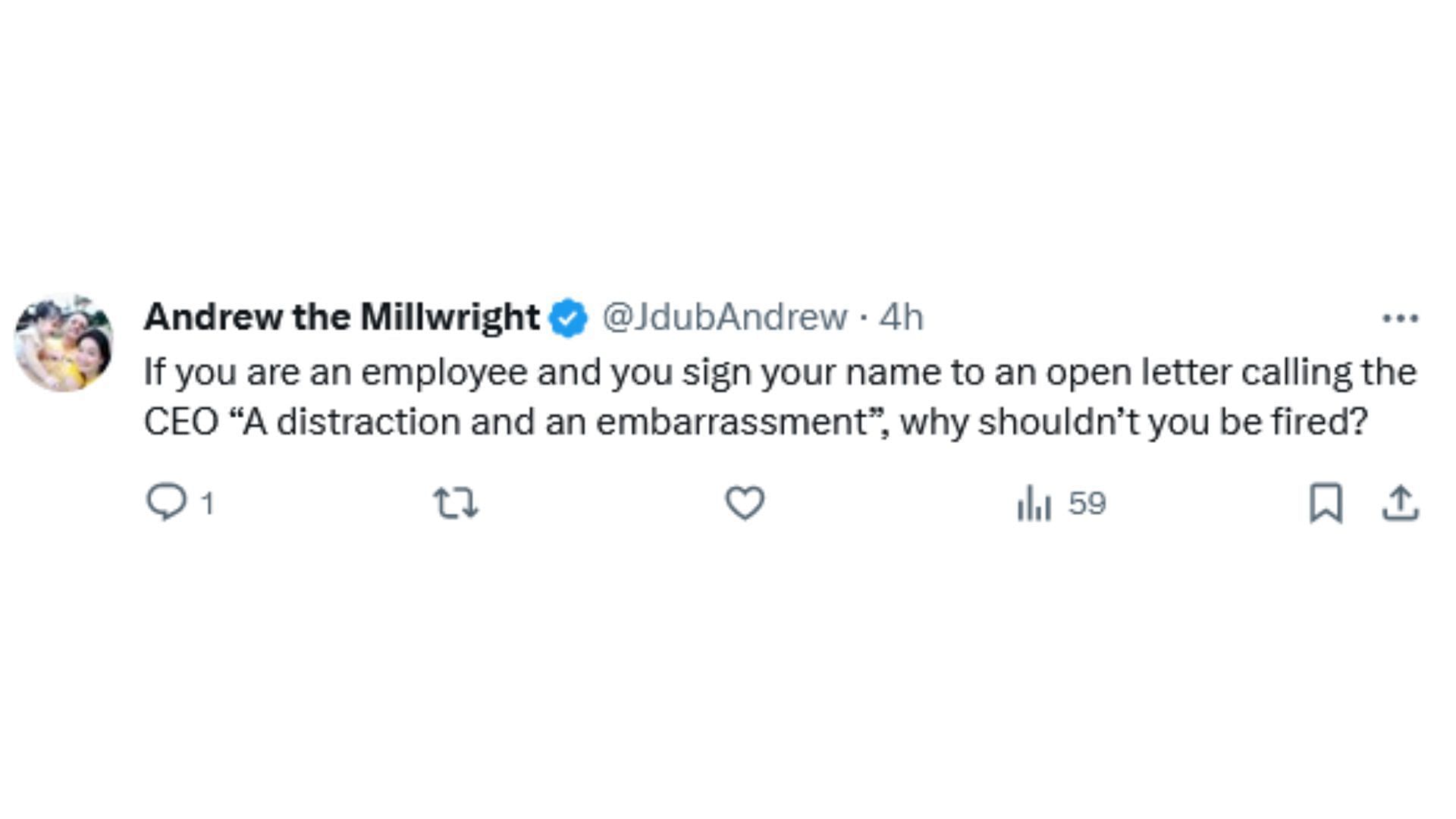 Netizens support Musk for firing the employees who criticized him (Image via X / @JdubAndrew)