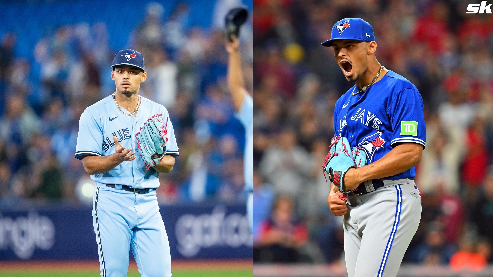 Closer Jordan Hicks of the Toronto Blue Jays reacts after getting the final out against the Cleveland Guardians at Progressive Field