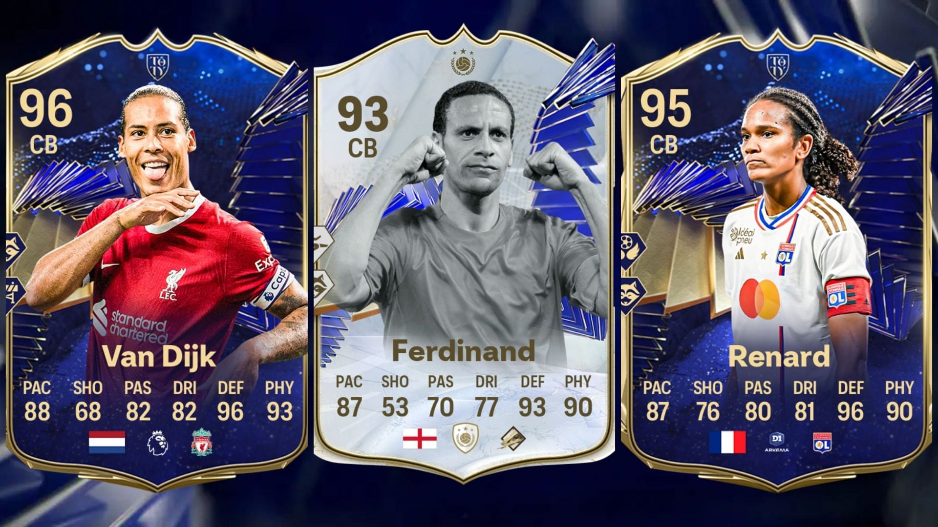 Virgil Van DIjk, Rio Ferdinand, and Wendie Renard top the list of best EA FC 24 players with the Anticipate PlayStyle (Images via EA Sports)