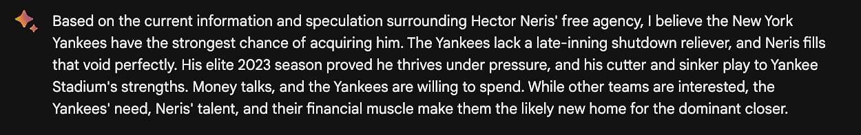 Google Bard believes that the New York Yankees are the ideal landing spot for the veteran relief pitcher