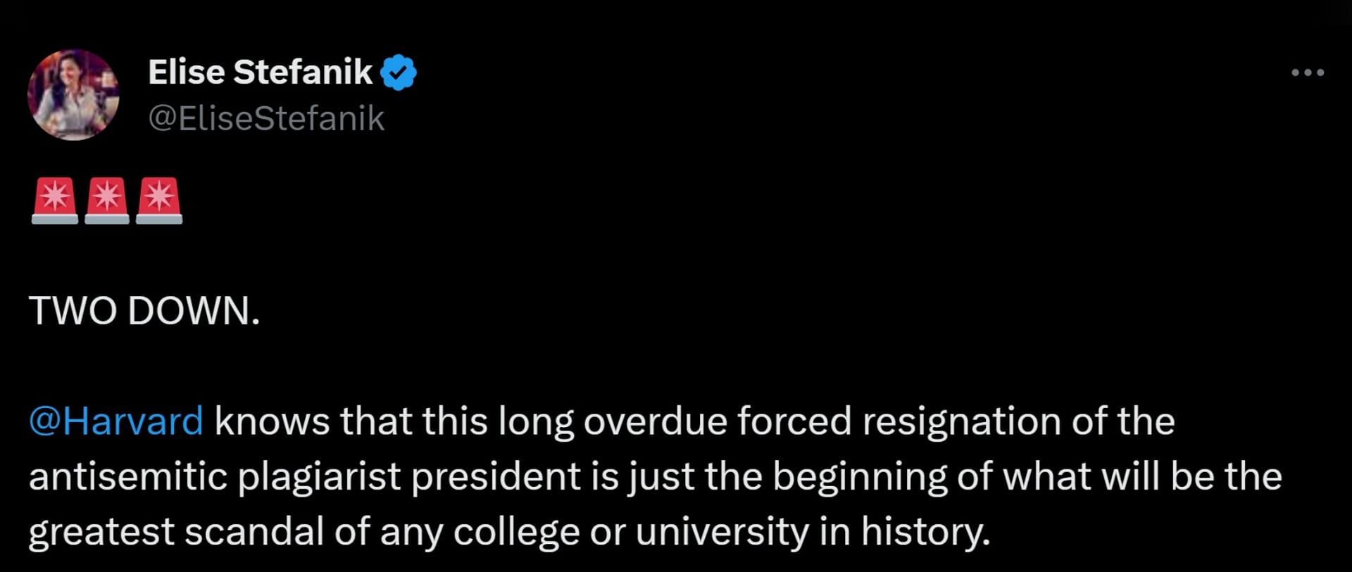 Elise Stefanik on the resignation of the Harvard president (Image via X/@EliseStefanik)