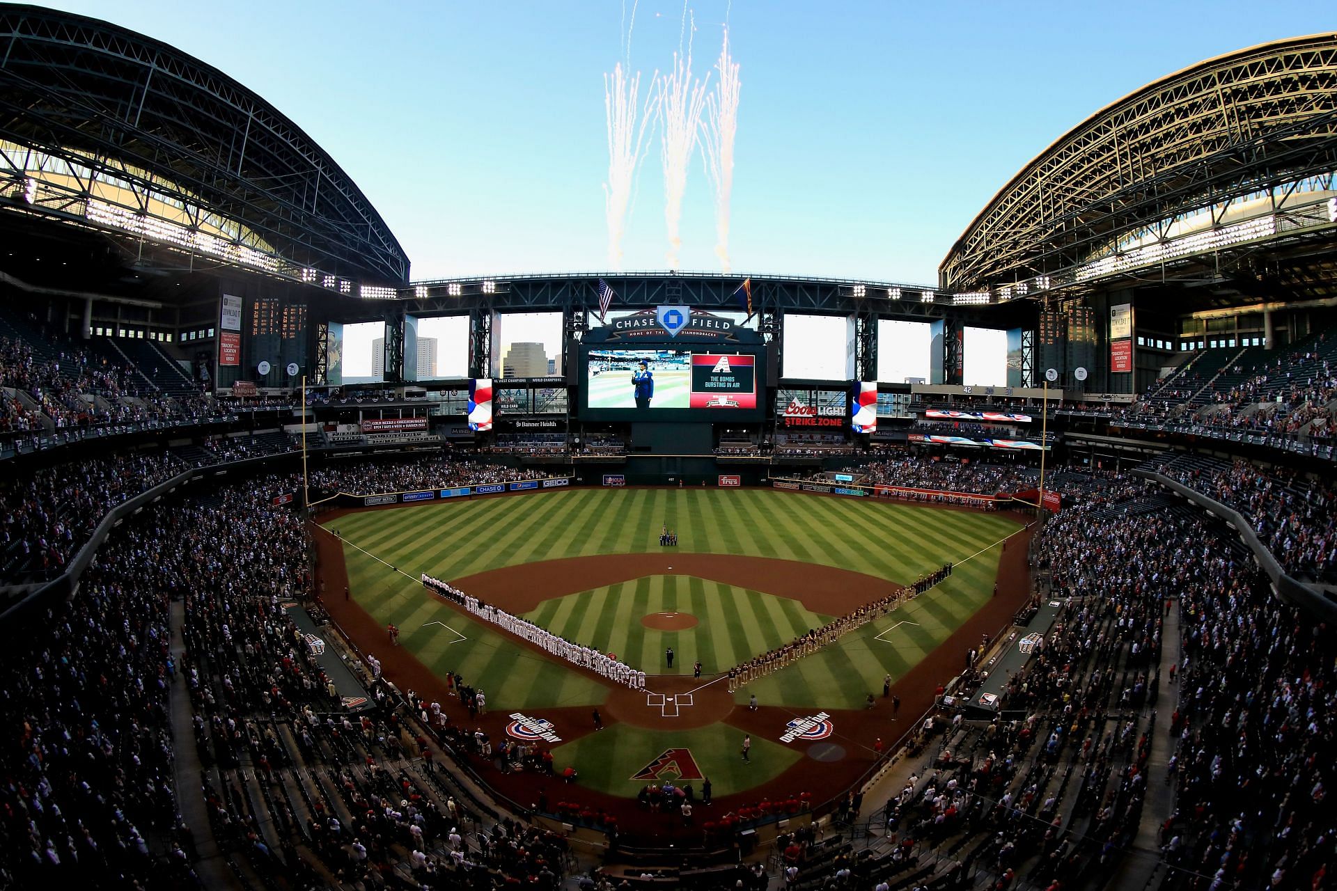 General view as the Diamondbacks and the San Diego Padres stand attended for the national anthem before the MLB opening day game at Chase Field on April 07, 2022