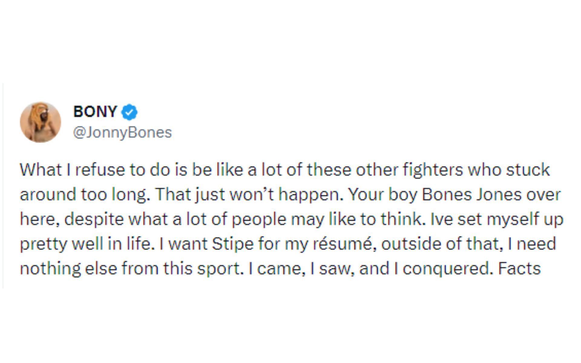 Jones&#039; tweet regarding retirement from MMA [Image courtesy: @JonnyBones - X]