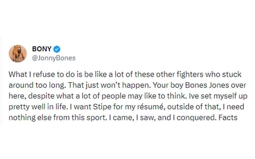 Jones' tweet regarding retirement from MMA [Image courtesy: @JonnyBones - X]